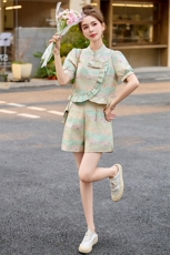 2025年新款木耳边新中式短裤套装女夏改良旗袍气质两件套，女装套装/套裙，橙子家