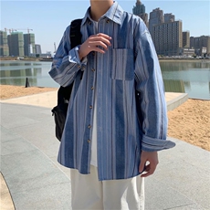 秋季新款条纹长袖衬衫男士潮流宽松休闲翻领衬衣上衣W1064-P35，男装衬衫，星座512-2