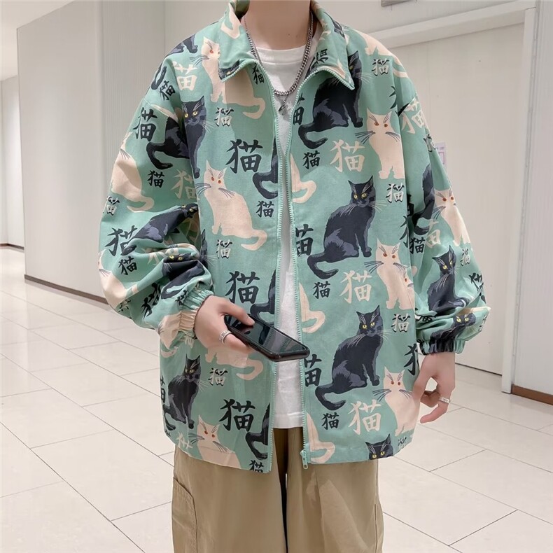港风秋款男双层夹克猫咪汉字印花休闲外套JK961P45,男装夹克,星座1013-1