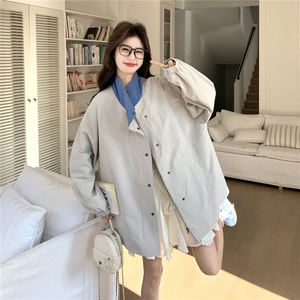 撞色拼接立领中长款休闲风衣女2026春秋新款随性松弛宽松显瘦外套图片