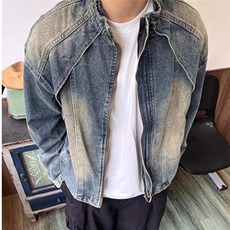 复古水洗黄泥染蓝立领牛仔夹克男痞帅宽松外套网图JK2813-P78有货，男装夹克，星座302B