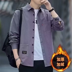 高档免烫宽松版衬衫男士长袖加绒加厚休闲工装衬衣秋冬外套男装潮图片