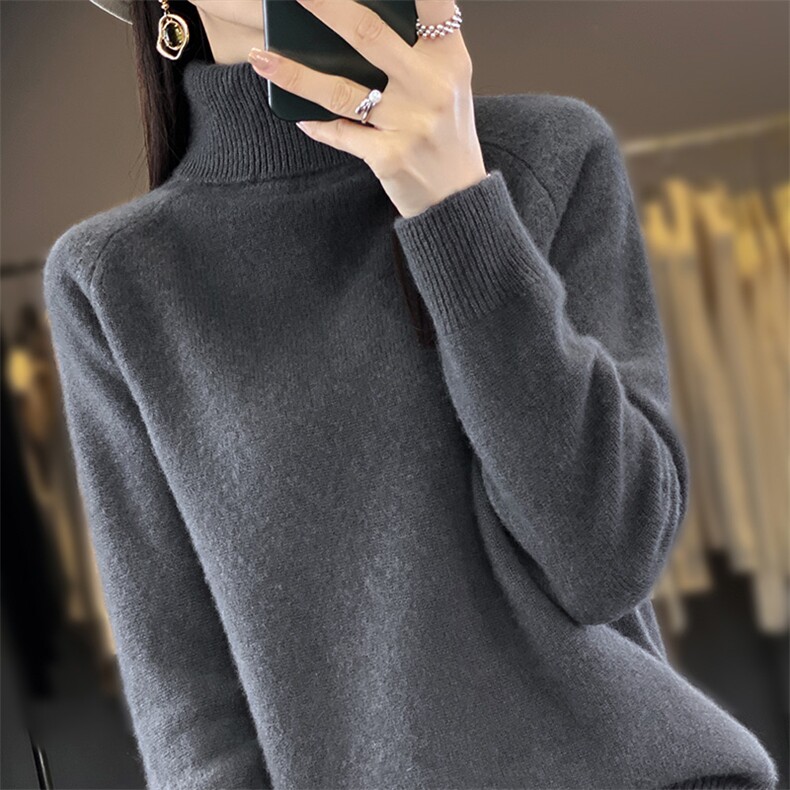 秋冬2023新款羊毛高翻领打底衫黑色长袖针织上衣女内搭宽松显瘦厚,女装羊毛衫,宋氏羊绒