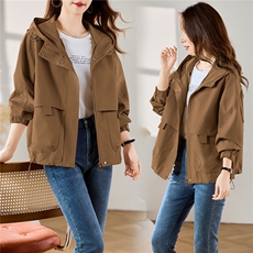 高级感咖色休闲连帽风衣外套女2025秋季新款时尚气质百搭夹克上衣，女装短外套，以桐
