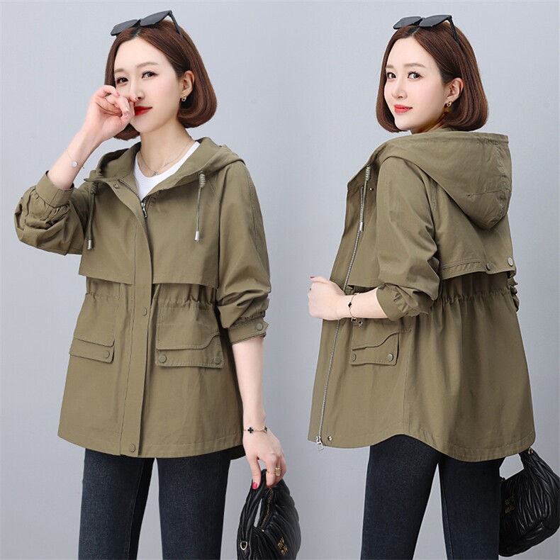 高级感休闲连帽风衣女春秋2025新款抽绳收腰显瘦百搭工装连帽外套，女装短外套，玛其路