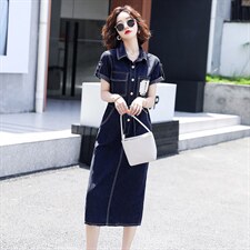 2022新款法式复古收腰显瘦气质长款a字衬衫裙子牛仔连衣裙女夏图片