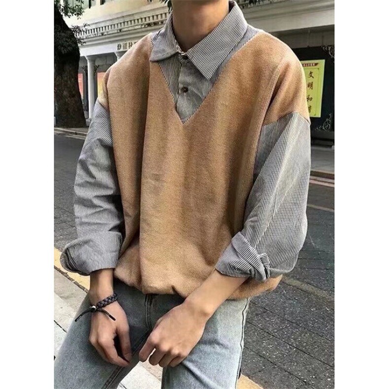 假两件毛衣男秋季港风薄款衬衫领chic外套上衣针织衫潮C1926,男装针织衫/毛衣,星座1116A（原606A-3）