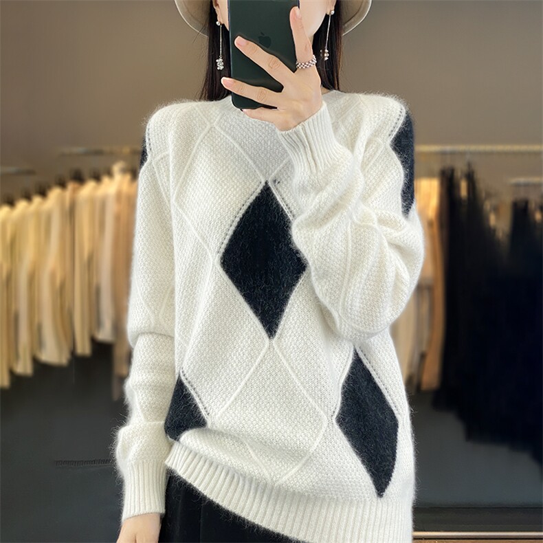 菱形拼色针织衫女圆领宽松套头打底毛衣秋冬针织羊毛衫，女装羊毛衫，犀桦羊绒