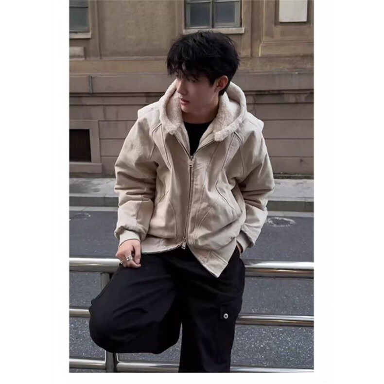 2025冬季美式潮牌拼接连帽飞行夹克男士百搭户外休闲防风加绒外套,男装夹克,四季星座505