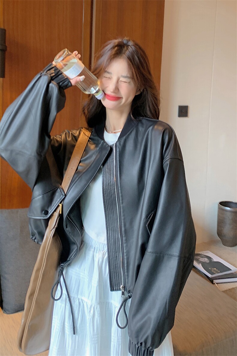 黑色高级感皮衣外套女2025春季新款美式复古宽松休闲小个子机车服,女装皮草,诺蝶