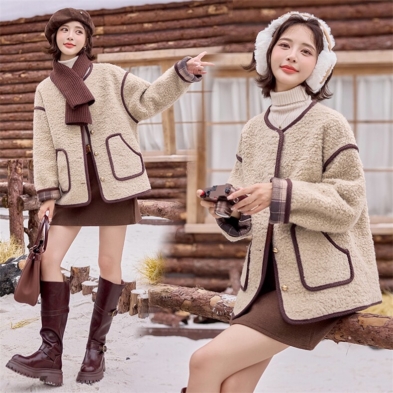 2024年冬季新款长袖圆领时尚气质大口袋单排扣仿羊羔毛短款上衣外套，女装羊羔毛/颗粒绒，天丝秀