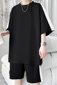 特批P55无差价夏季冰丝透气弹力拼接撞色大码短袖T恤短裤男TZ302图片