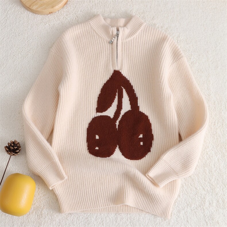 新款百搭加厚不能开拉链樱桃刺绣，童装儿童羊毛衫，联起羊绒