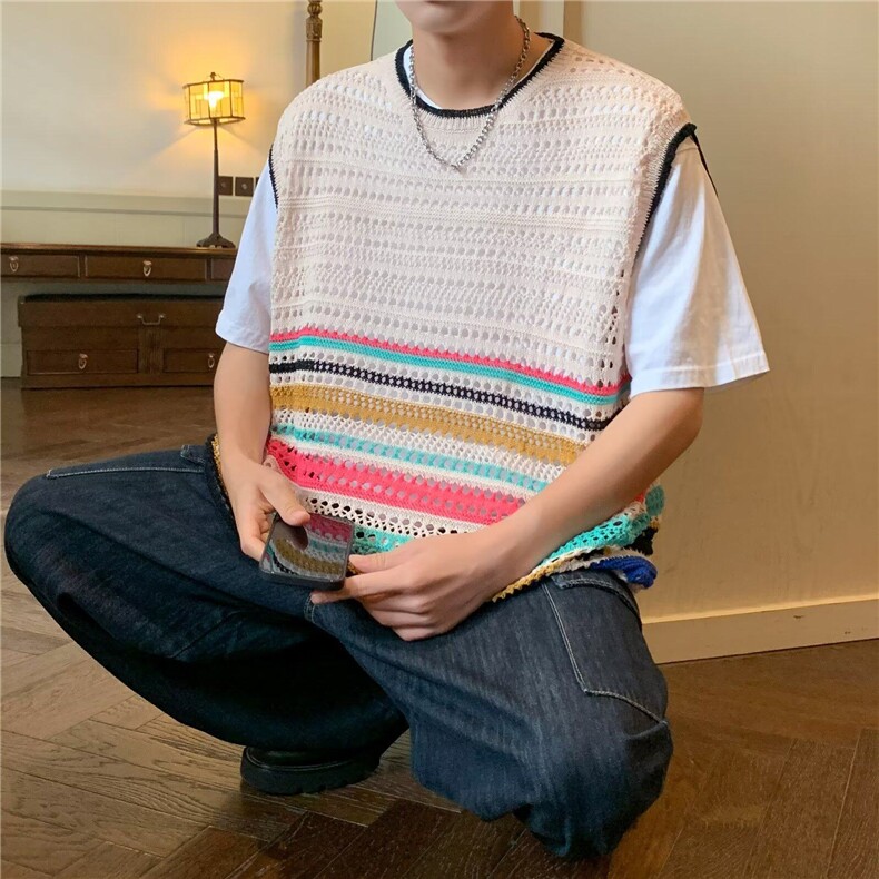 美式复古彩色镂空无袖背心夏季潮牌宽松休闲圆领针织薄款上衣马甲,男装背心/马甲,星座410-7