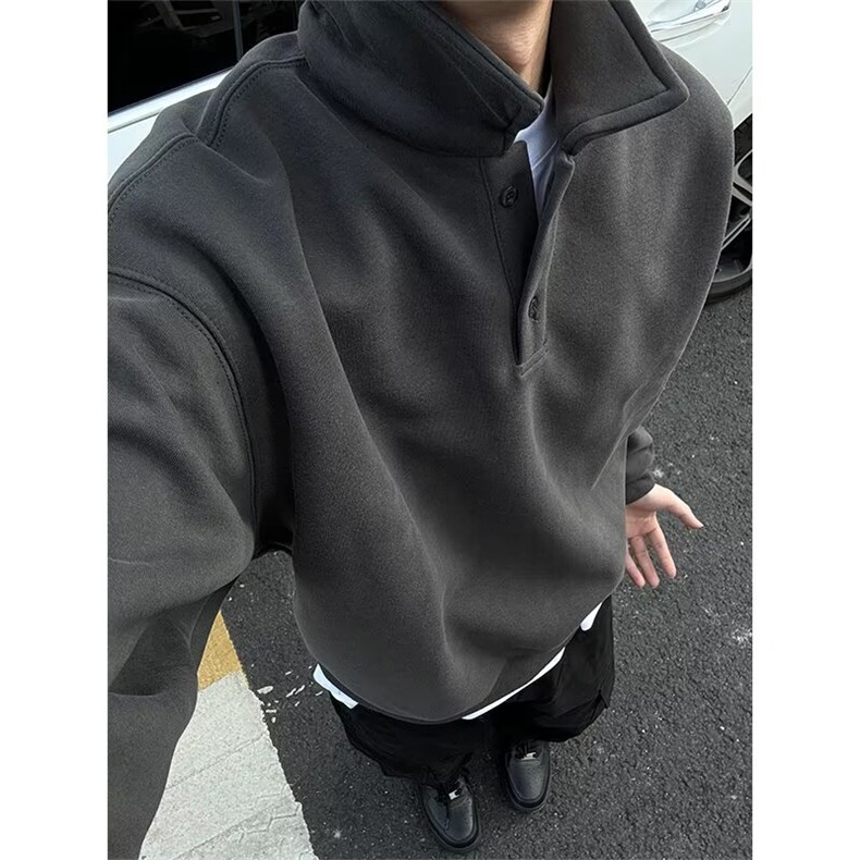 美式潮牌翻领卫衣男高级感宽松长袖工装t恤半开扣立领休闲polo衫,男装Polo衫,星座1210-1