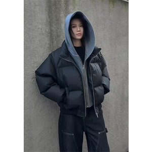 现货高品质重磅工艺美式高街假两件PU皮棉衣男女加厚棉服外套图片