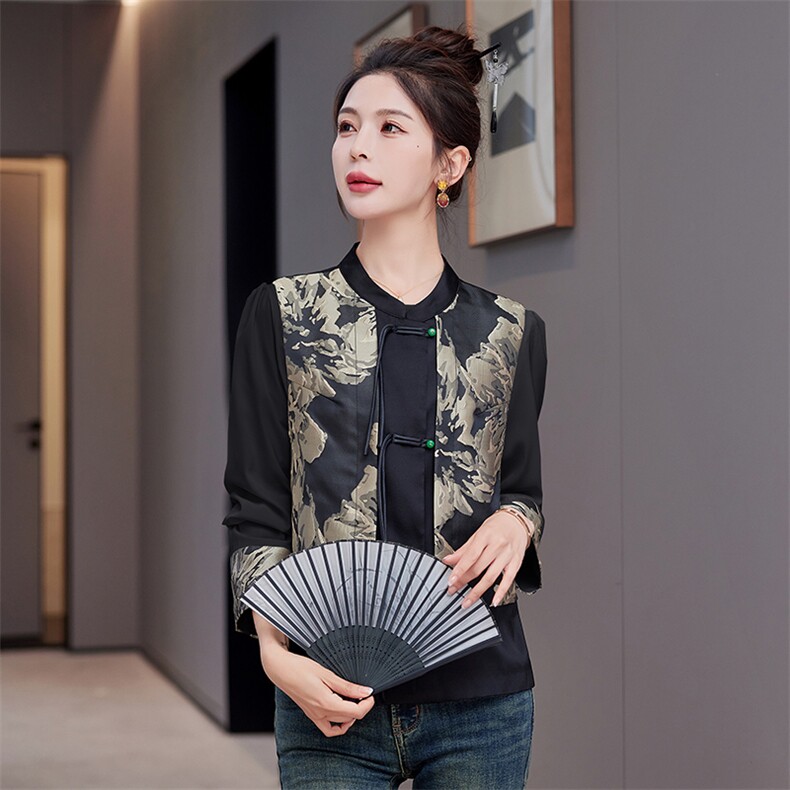 时尚女2025年早春新中式复古风印花外套洋气拼色T恤上衣,女装连衣裙,难舍钰依