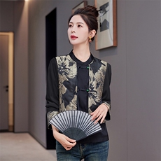 时尚女2025年早春新中式复古风印花外套洋气拼色T恤上衣，女装连衣裙，难舍钰依