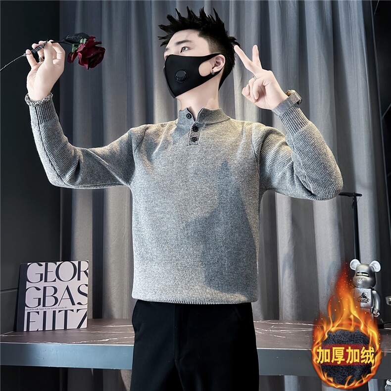 加绒一体绒毛衣男纽扣针织衫社会小伙店主风301C-M119-P78控108,男装针织衫/毛衣,星座301C（原B323）
