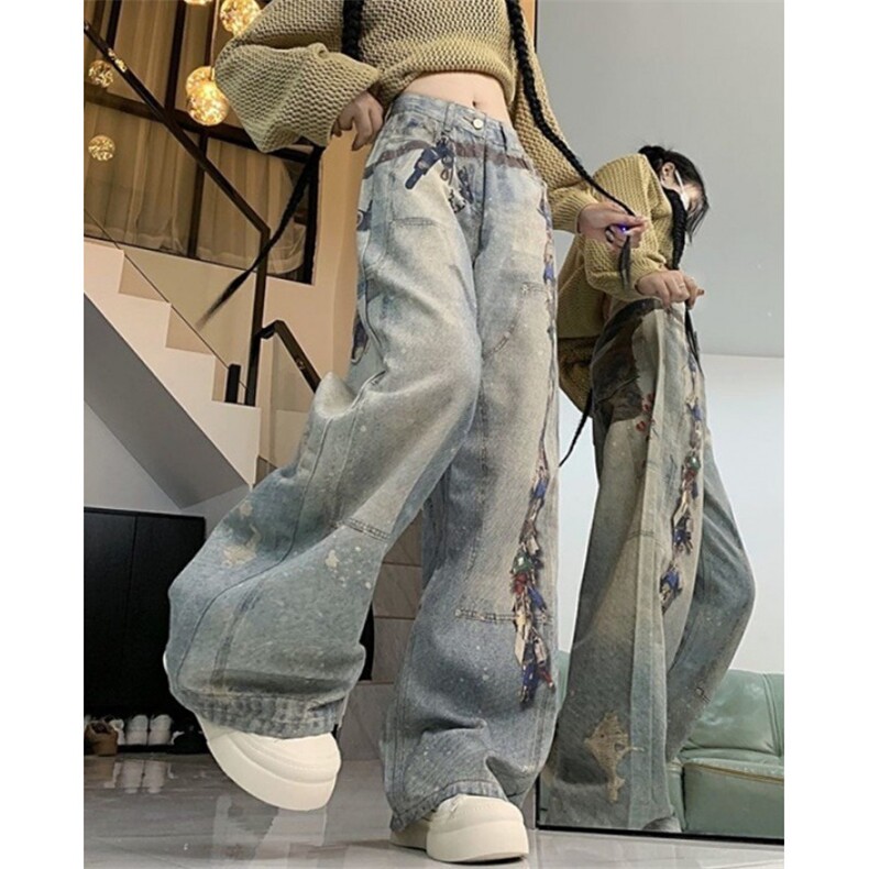 高腰印花阔腿牛仔裤女夏季小个子宽松直筒显瘦垂感拖地裤NA202,男装牛仔裤,星座1116A（原606A-3）
