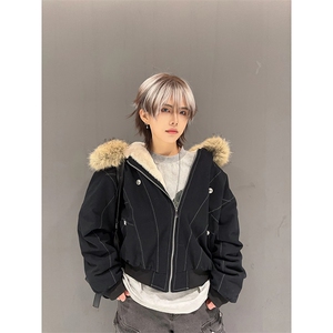 现货重磅boxy短款棉衣座山雕大毛毛领男女棉服水洗工装厚外套图片