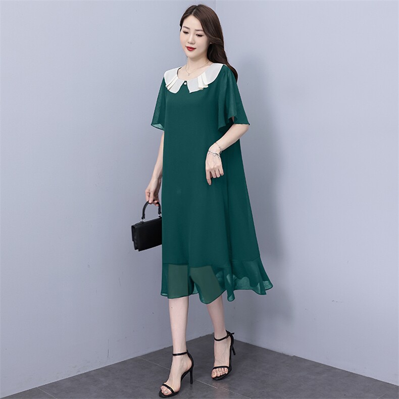 （现货）胖mm短袖雪纺连衣裙女2025夏季新款娃娃领黑色气质裙子,女装连衣裙,深妍伊美
