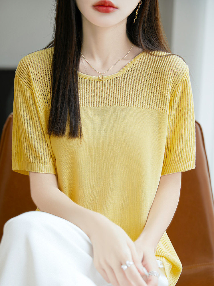 其他常规夏季短袖2025年夏季圆领T恤女宽松显瘦垂感小衫上衣,女装T恤,暖圣羊羊绒