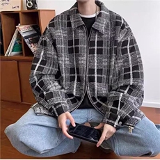网络图现货新款港风大码复古小香风格子翻领夹RJ01-P65，男装夹克，星座1005-4