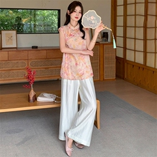 新中式g风套装女2026夏季流行复古印花盘扣旗袍上衣阔腿裤两件套，女装套装/套裙，超帛