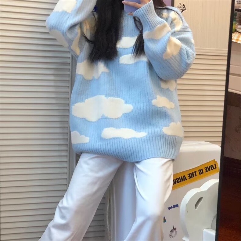 韩系慵懒风学院风云朵毛毛衣女外穿宽松下衣失踪中长款针织衫女,男装针织衫/毛衣,星座506A