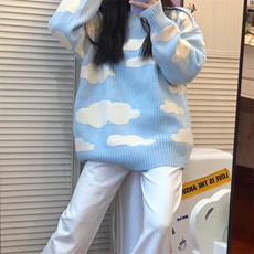 韩系慵懒风学院风云朵毛毛衣女外穿宽松下衣失踪中长款针织衫女，男装针织衫/毛衣，星座506A