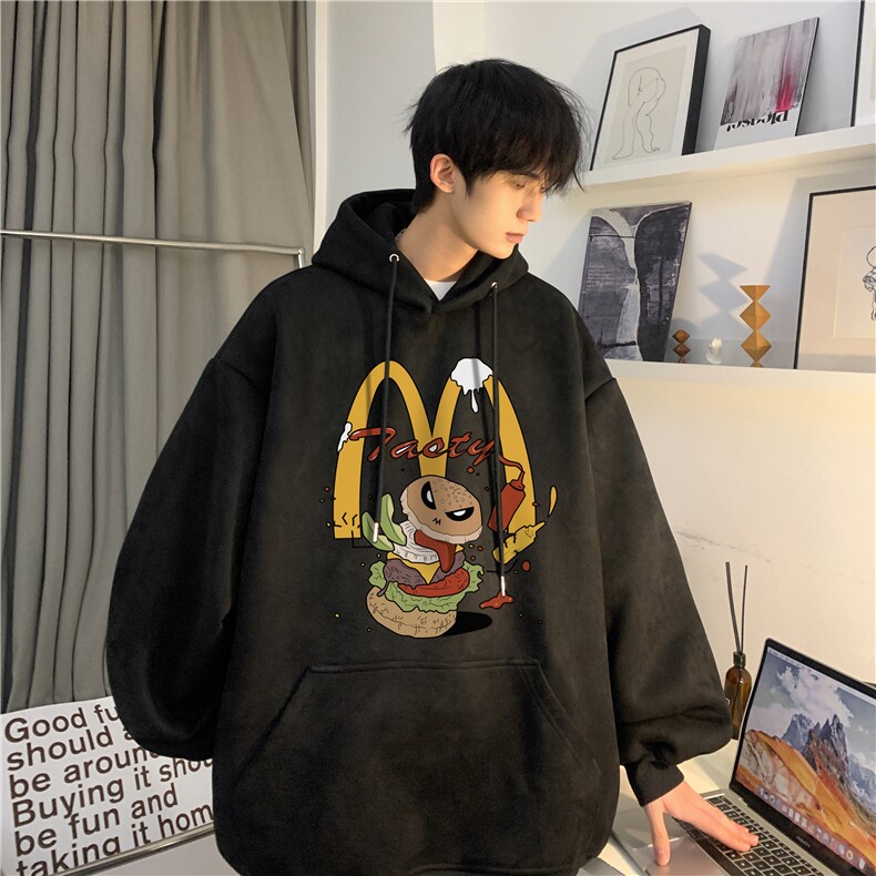麂皮绒连帽卫衣美式趣味汉堡印花JK23409特批p43-控69,男装卫衣,星座605(原A050)