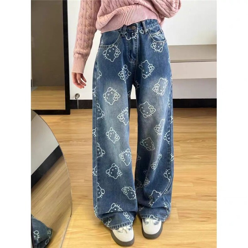 kitty印花牛仔裤女春秋季2025新款可爱甜美卡通高腰宽松拖地裤子,男装牛仔裤,星座506A
