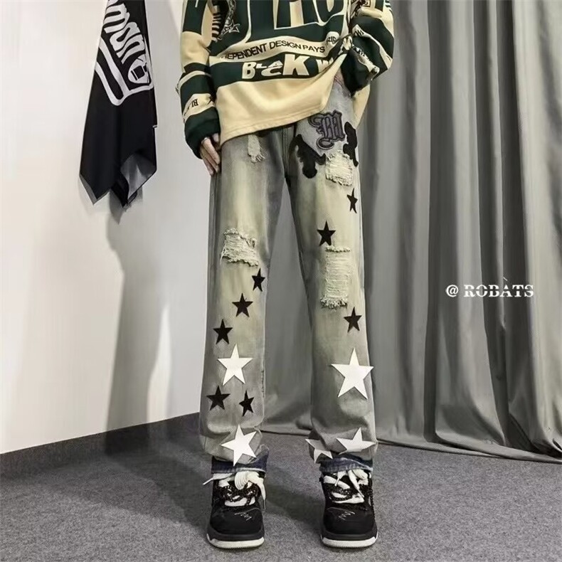 【008】水洗做旧牛仔裤子男女潮牌阔腿长裤A079-N1046-P45,男装牛仔裤,电商A079