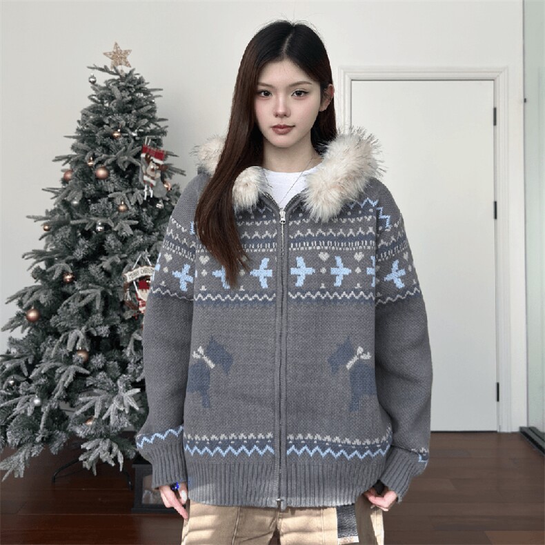 重磅北极绒座山雕毛衣外套冬美式复古休闲慵懒风大毛毛领针织开衫，男装针织衫/毛衣，电商A486-1