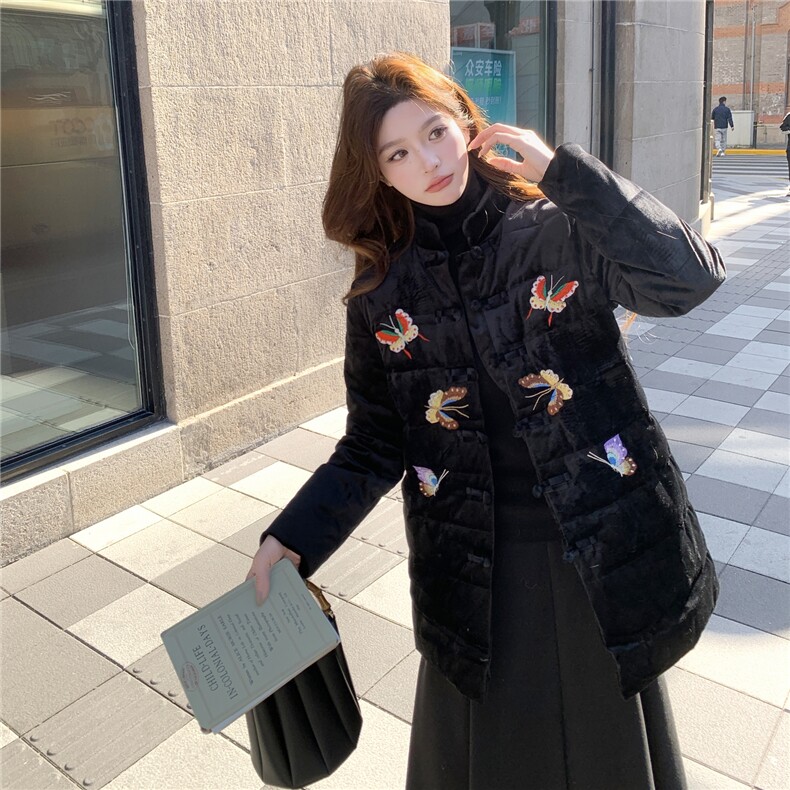 唐装风丝绒刺绣盘扣羽绒H8382P295K428,女装羽绒服,红龙果