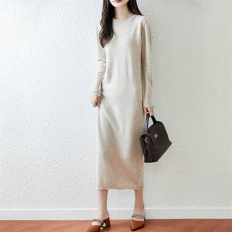 2025百搭时尚简约圆领收腰长袖连衣裙，女装连衣裙，越洋羊