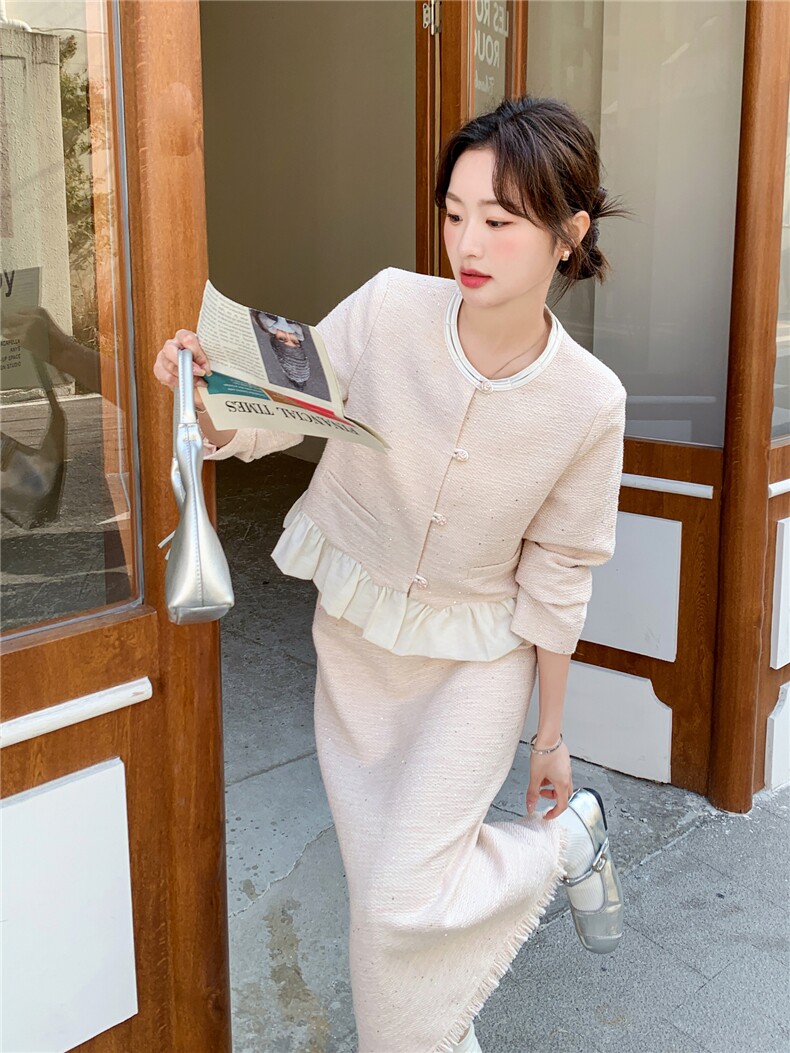 现货-2026年春季纯色拼接花边休闲时尚小香风两件套套装外套女,女装套装/套裙,霓裳依族