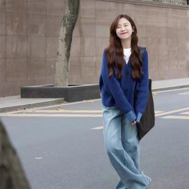 开衫女圆领纯色秋冬新款百搭外套毛衣羊毛针织上衣图片