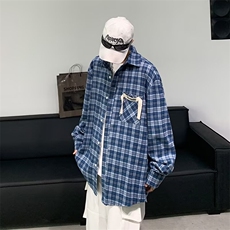 秋季小众口袋设计格子衬衫美式复古宽松休闲外套，男装衬衫，星座410-7