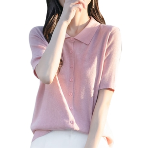 简约复古翻领针织短袖衬衫上衣polo领开衫打底衫时尚半袖翻领小衫图片