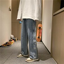 阔腿牛仔裤韩版潮流宽松排扣裤子直筒阔腿长裤潮牌春NZK90-P42，男装牛仔裤，星座1008-2
