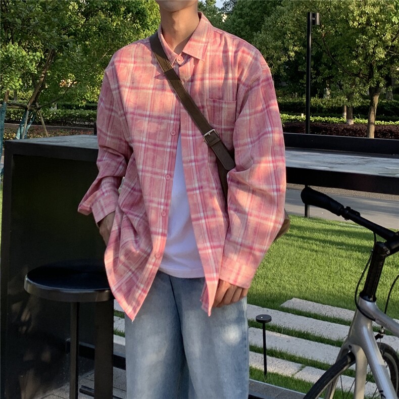 日系cityboy复古长袖衬衫男秋季潮流设计感小众粉色格子衬衣外套,男装衬衫,电商B413-1