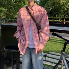 日系cityboy复古长袖衬衫男秋季潮流设计感小众粉色格子衬衣外套，男装衬衫，电商B413-1