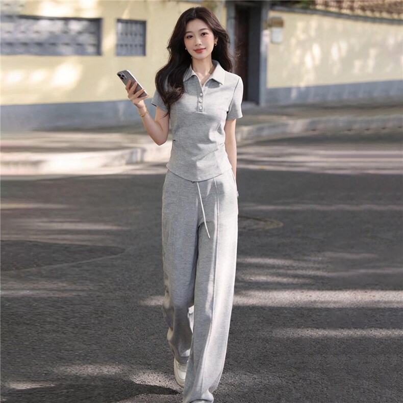女夏季新款时尚休闲套装修身显瘦翻领纽扣短袖上衣阔腿长裤两件套,女装套装/套裙,江南