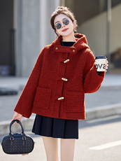 现货主推2025冬季新款时尚连帽羊羔毛加厚外套红色大衣，女装短外套，半夏