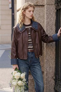 【春季女装新款】大量现货时尚相拼短款皮衣外套，女装皮衣，缘衣格