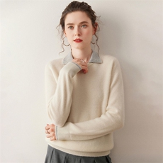 秋冬baby小山羊绒衫女POLO领拼色长袖针织毛衣宽松休闲羊毛衫打底，女装针织衫/毛衣，广悦羊绒