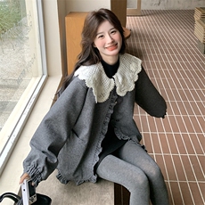 灰色蕾丝娃娃领羽绒服内胆女短款2025冬季新款独特设计感保暖外套，女装羽绒服，2C239