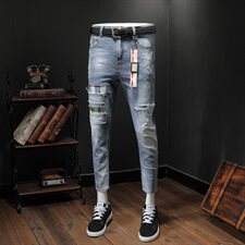 2021夏季薄款弹力牛仔裤男潮牌修身小脚裤九分裤QT6027-89086，男装牛仔裤，电商D218